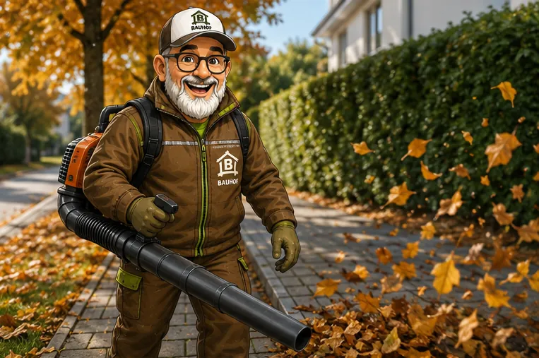 Hausmeister Andy vom Hausmeisterservice BAUHOF beim Laubblasen in einer gepflegten Außenanlage