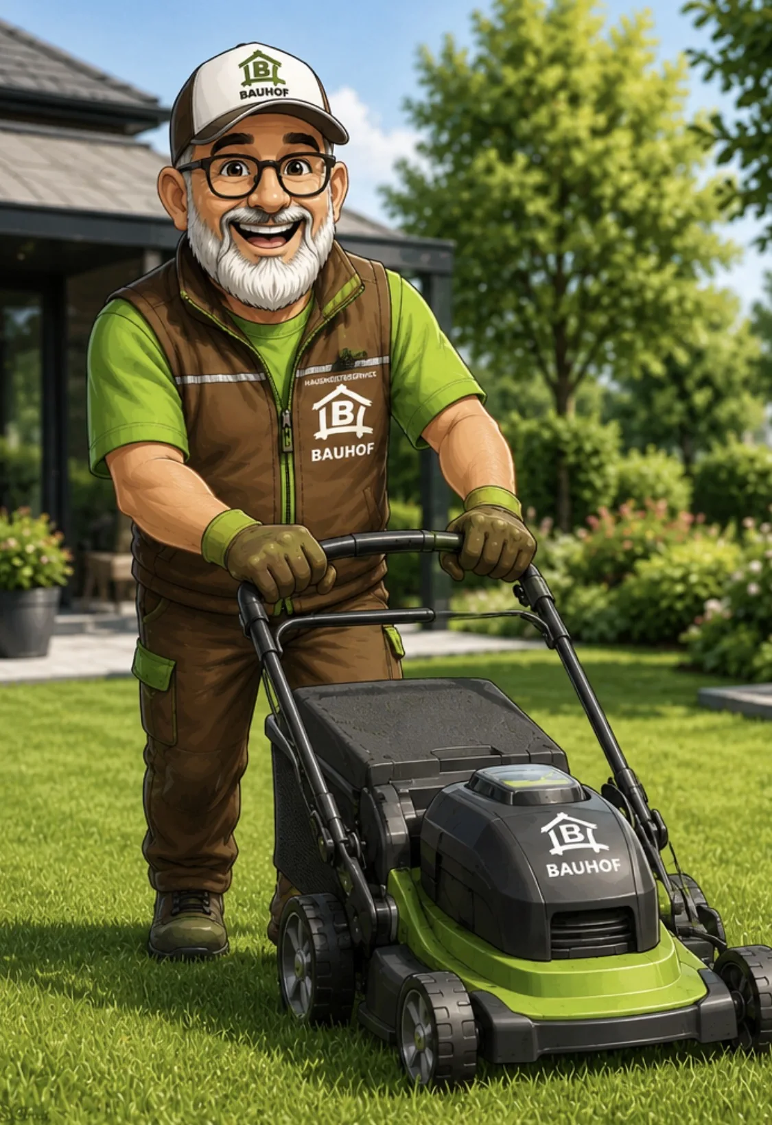 Hausmeister Andy vom Hausmeisterservice BAUHOF beim Rasenmähen