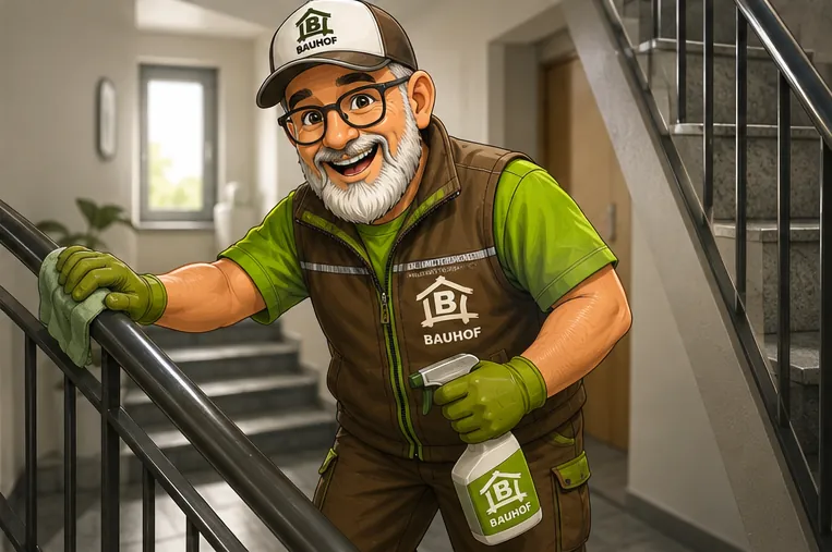 Hausmeister Andy bei der Treppenhausreinigung in einem Mehrfamilienhaus in Wiesbaden
