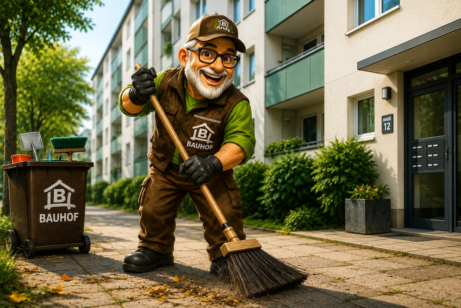 Hausmeister Andy vom Hausmeisterservice BAUHOF bei der Objektpflege vor einem Wohngebäude