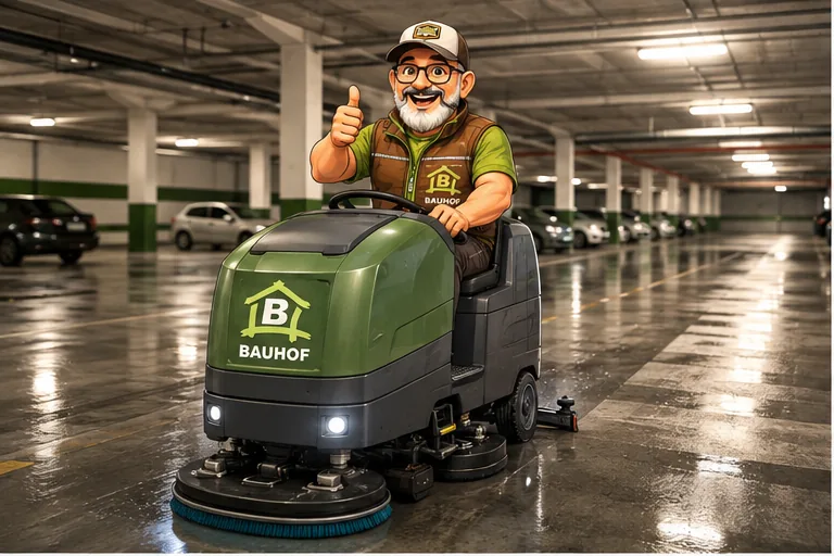 Hausmeister Andy vom Hausmeisterservice BAUHOF bei der Tiefgaragenreinigung mit einer Arbeitsmaschine