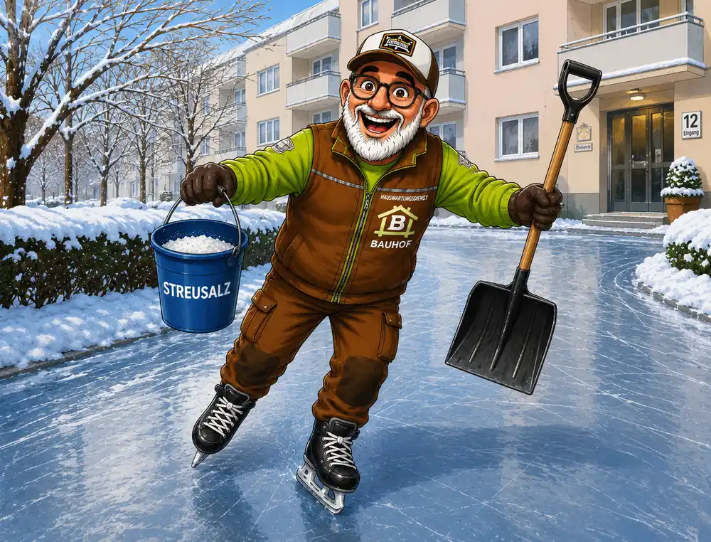 Hausmeister Andy beim Winterdienst auf vereister Fläche mit Streusalz und Schneeschieber in Wiesbaden